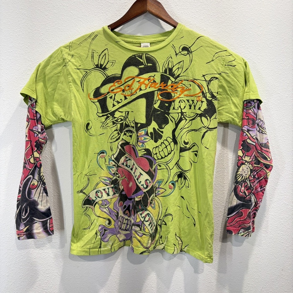 Ed Hardy AOP Graphic Tee Tattoo Sleeves Mens XL Love Kills Slowly Y2K